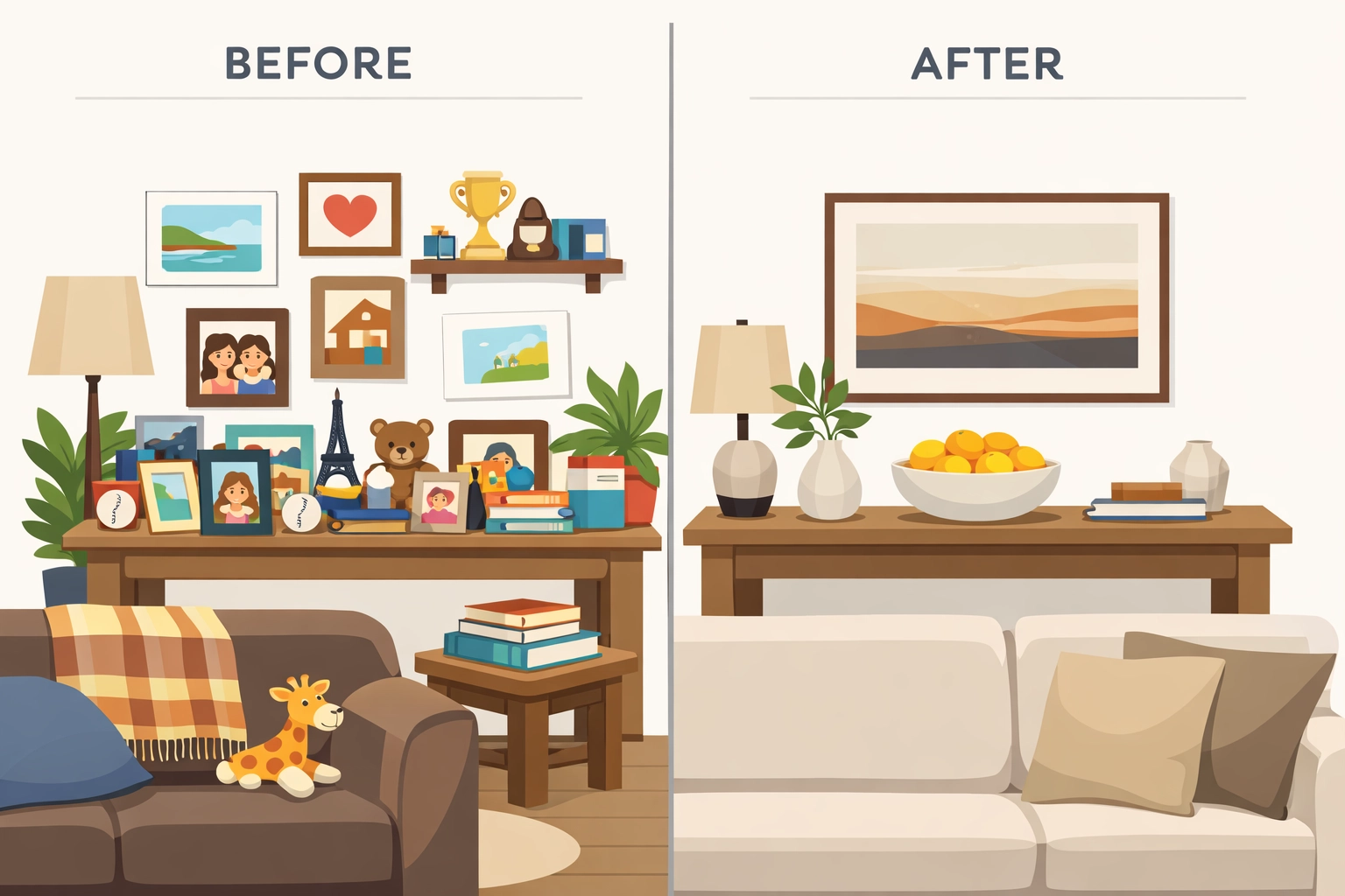 Decluttered home staging showing organized but warm styling with strategic decor
