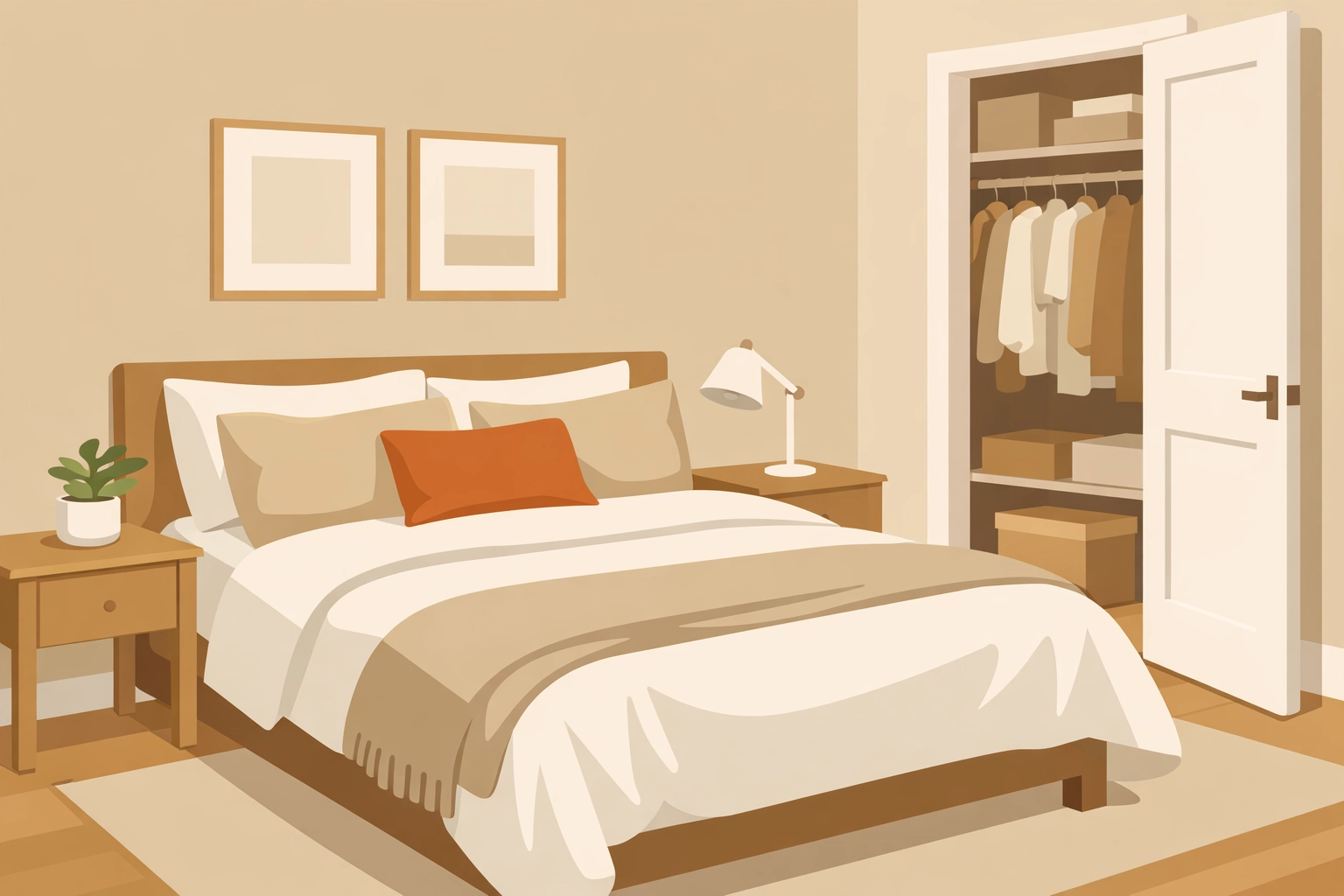 Professionally staged bedroom with neutral tones and organized closet space