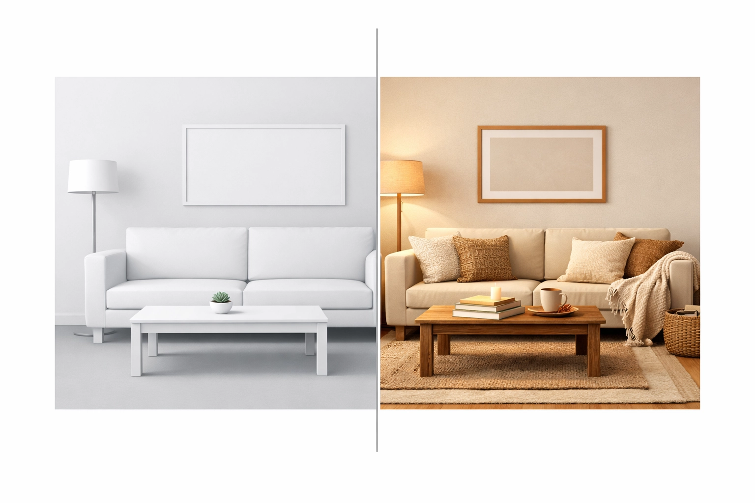 Before and after comparison of sterile gray staging vs warm lived-in home staging