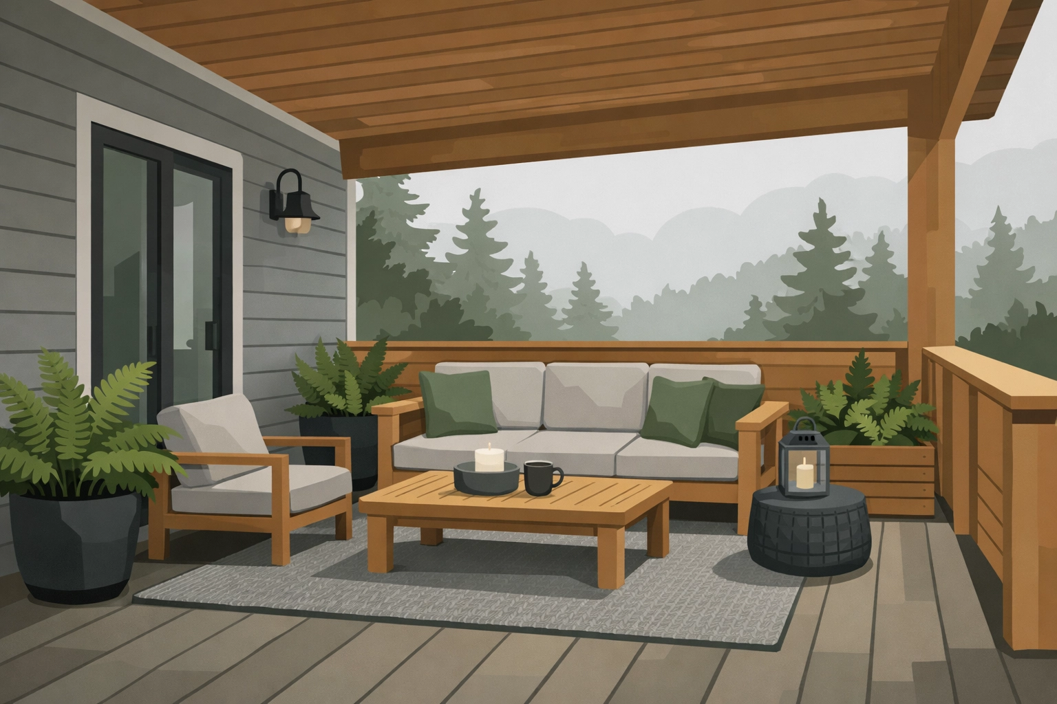 Staged Portland patio with outdoor furniture and Pacific Northwest native plants