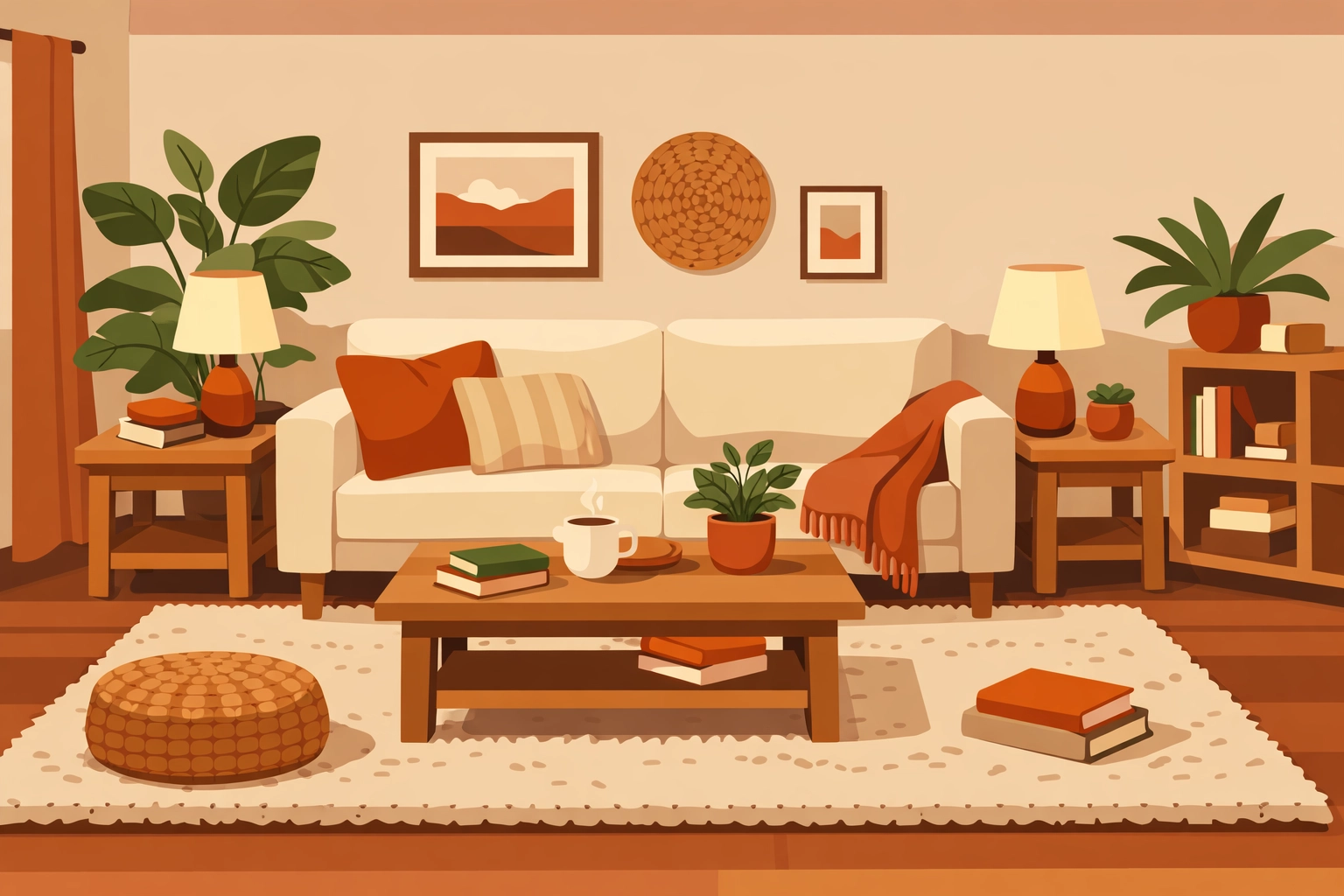 Warm and inviting living room staging with textures, plants, and cozy elements