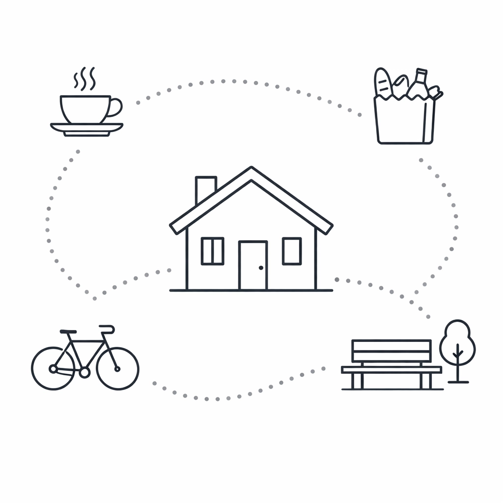 Illustration of 15-minute city walkability in the best neighborhoods in Portland Oregon.